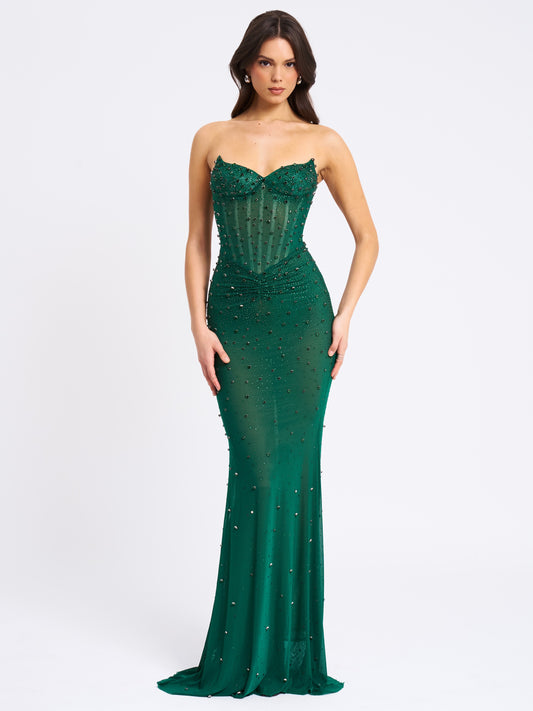 Fatima Green Crystal Sleeveless Corset Maxi Dress