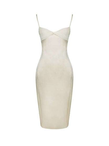 Gracie Butter Yellow Ruched Satin Midi Dress