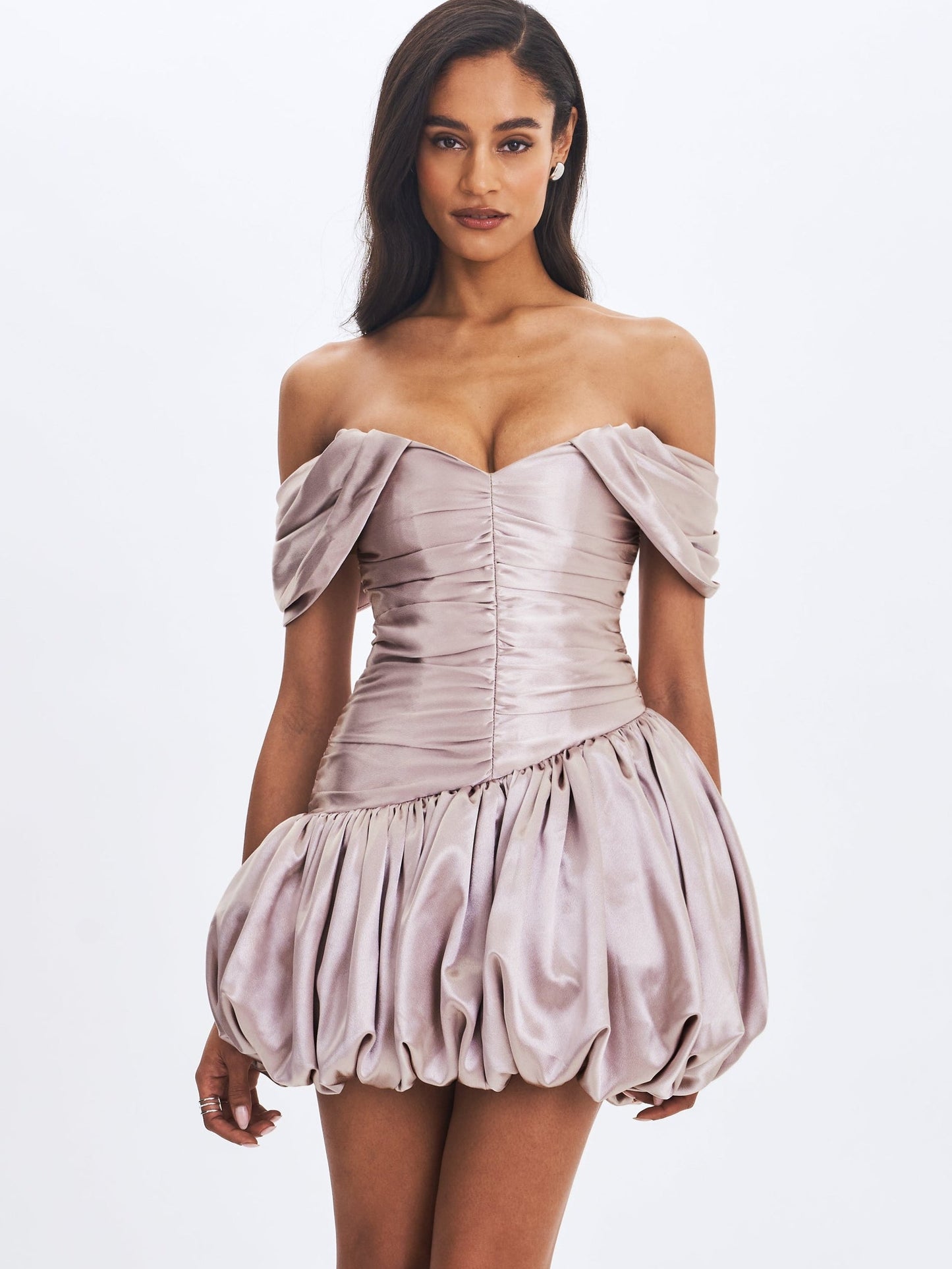 Milena Champagne Asymmetrical Bubble Mini Dress