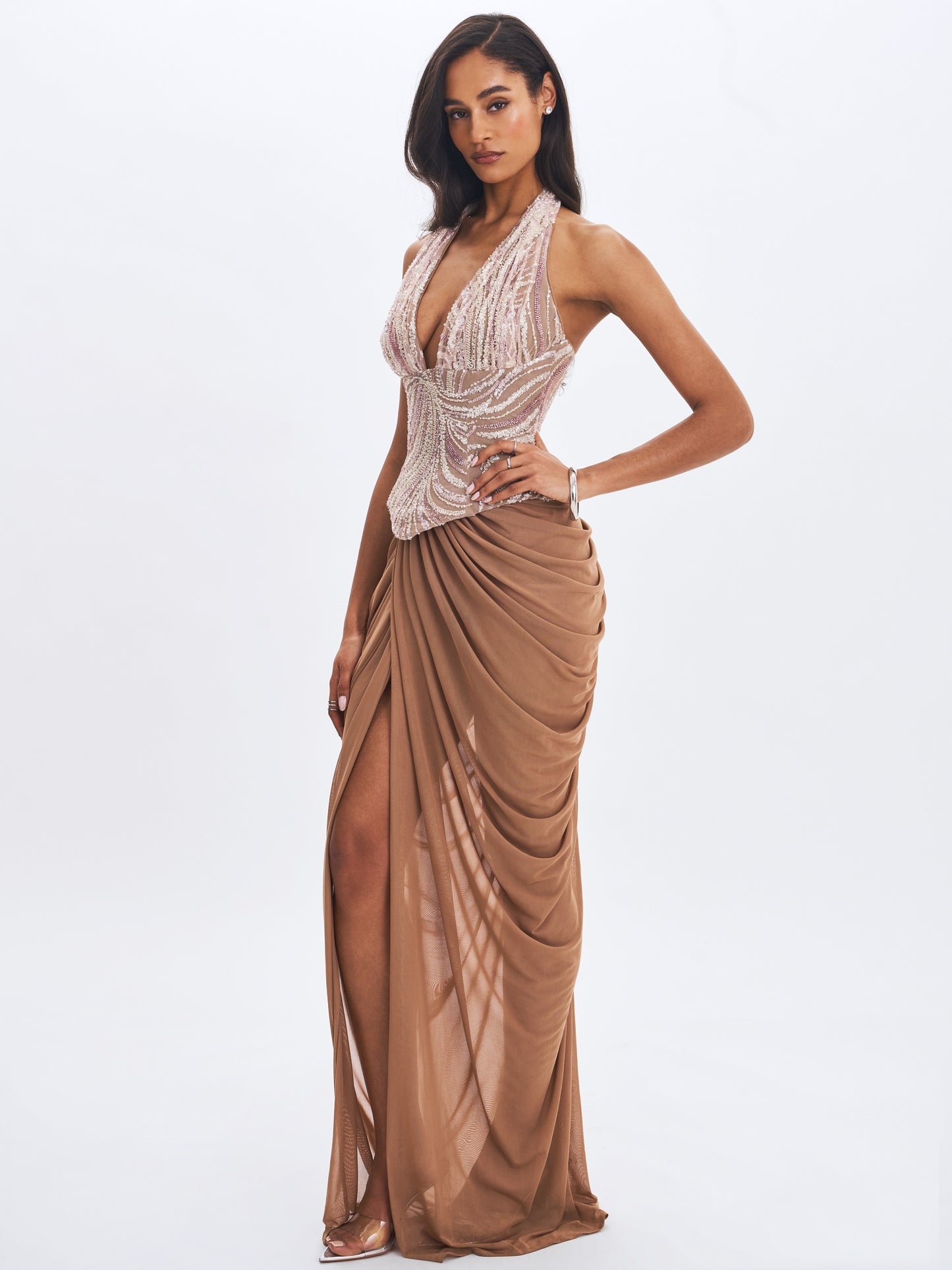 Nancie Apricot Beaded Halter Peplum Ruched Maxi Dress