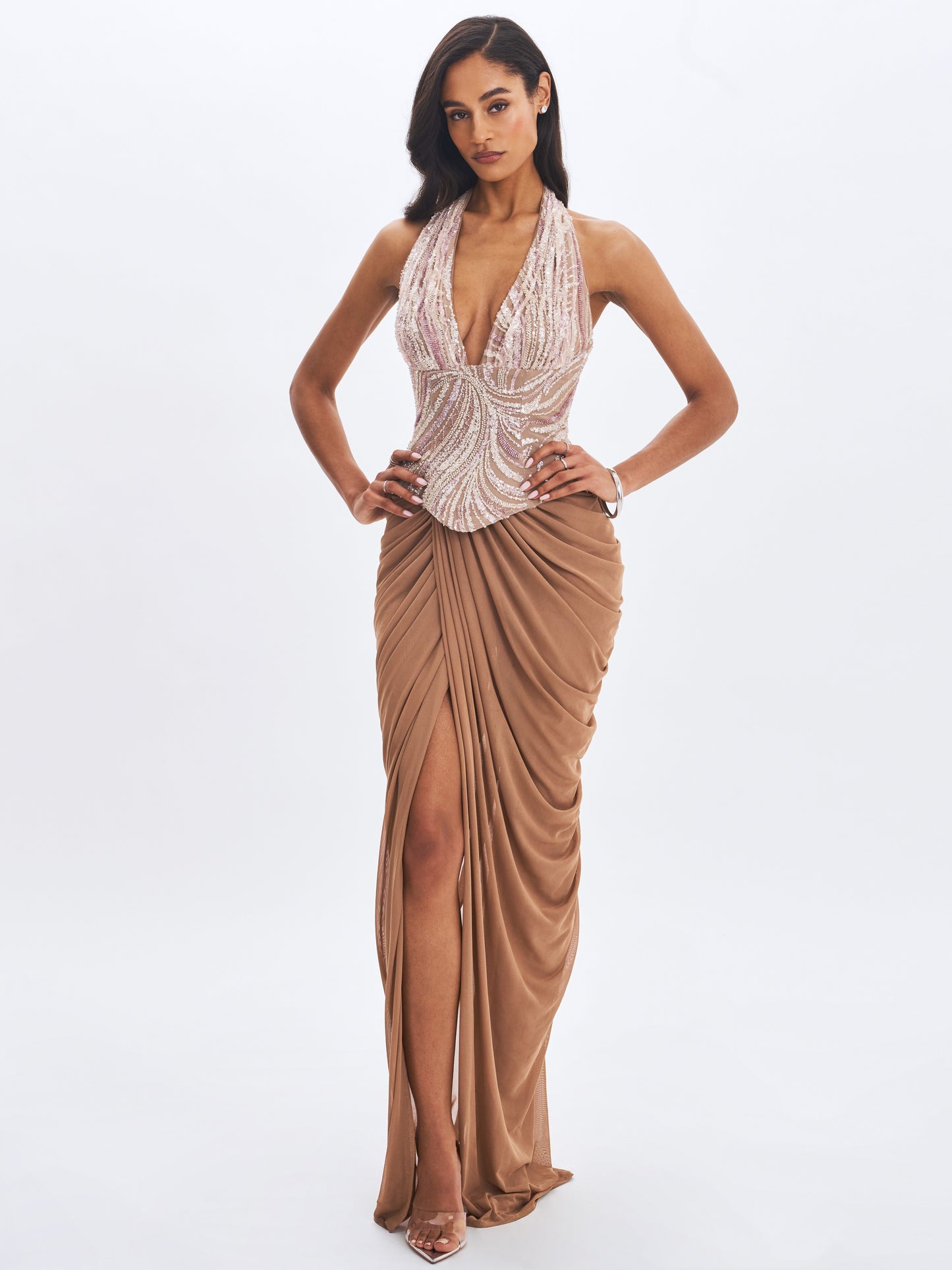 Nancie Apricot Beaded Halter Peplum Ruched Maxi Dress