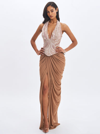 Nancie Apricot Beaded Halter Peplum Ruched Maxi Dress