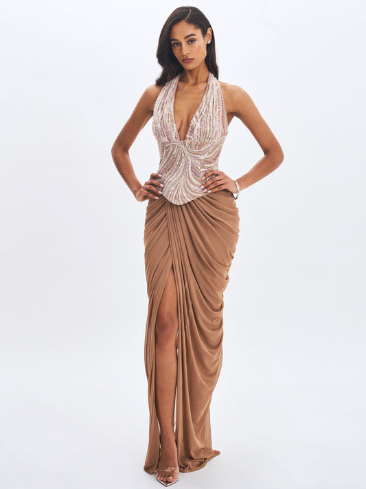 Nancie Apricot Beaded Halter Peplum Ruched Maxi Dress