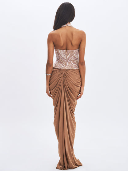 Nancie Apricot Beaded Halter Peplum Ruched Maxi Dress