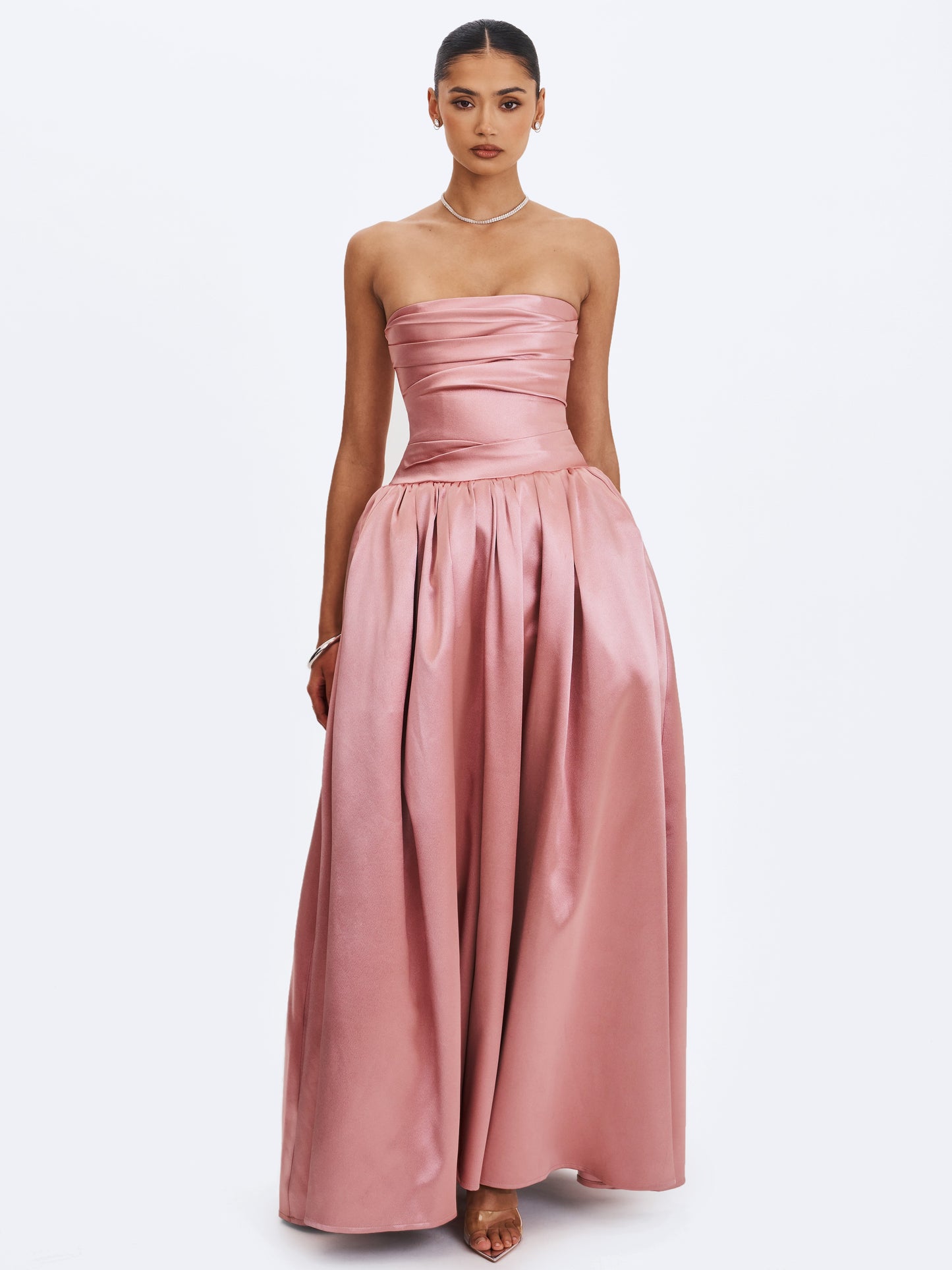 Willette Deep Rose Satin Strapless Gathered Maxi Dress
