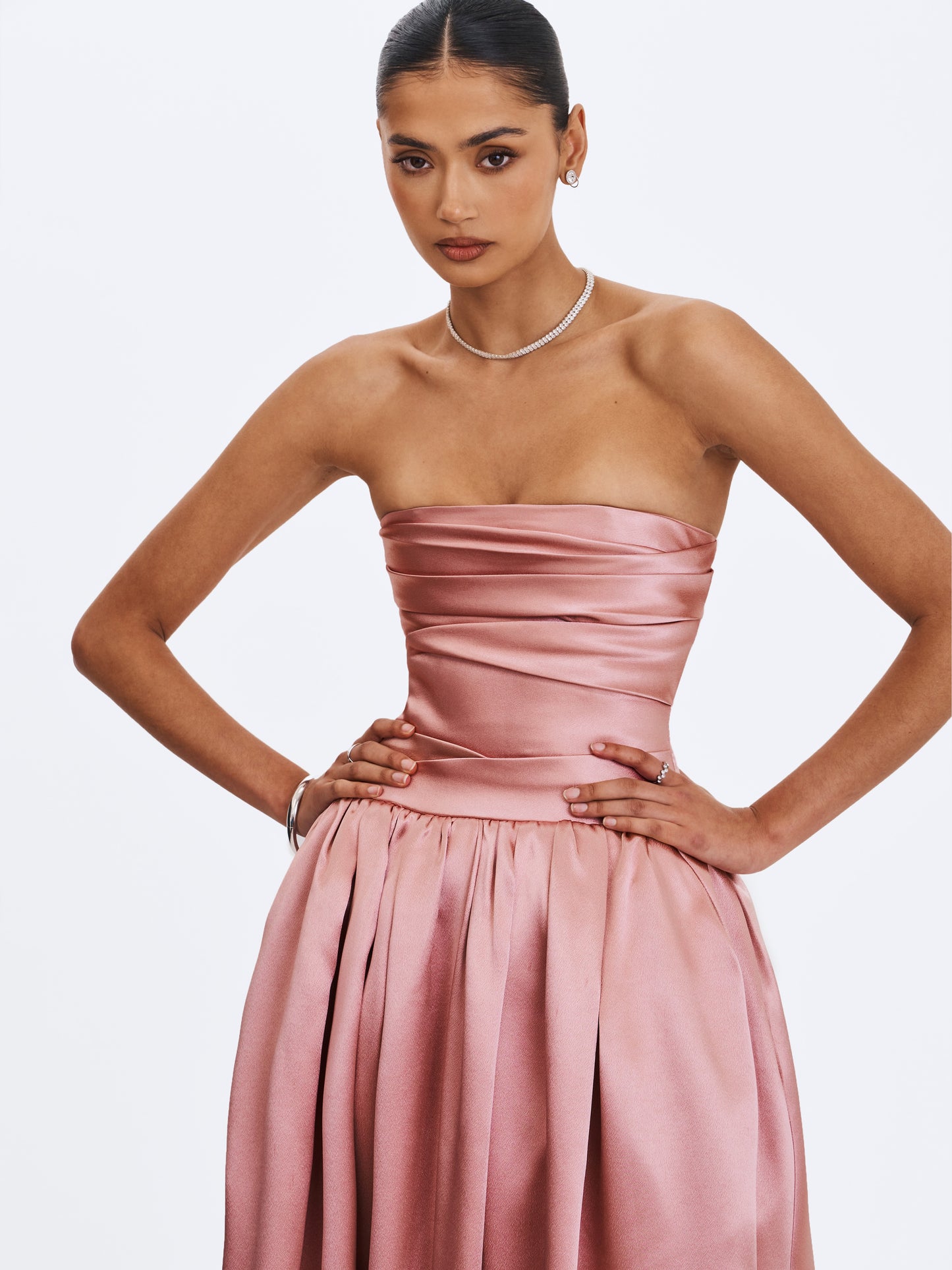 Willette Deep Rose Satin Strapless Gathered Maxi Dress