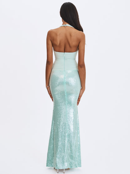 Wendale Mint Sequin Plunging Mermaid Maxi Dress