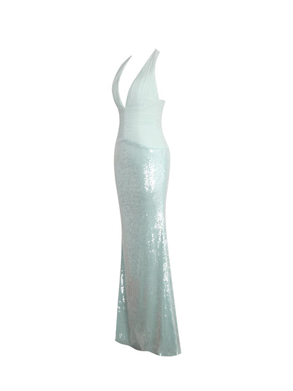 Wendale Mint Sequin Plunging Mermaid Maxi Dress