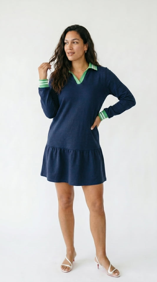 Stripe Contrast Polo Collar Ruffle Hem Mini Dress